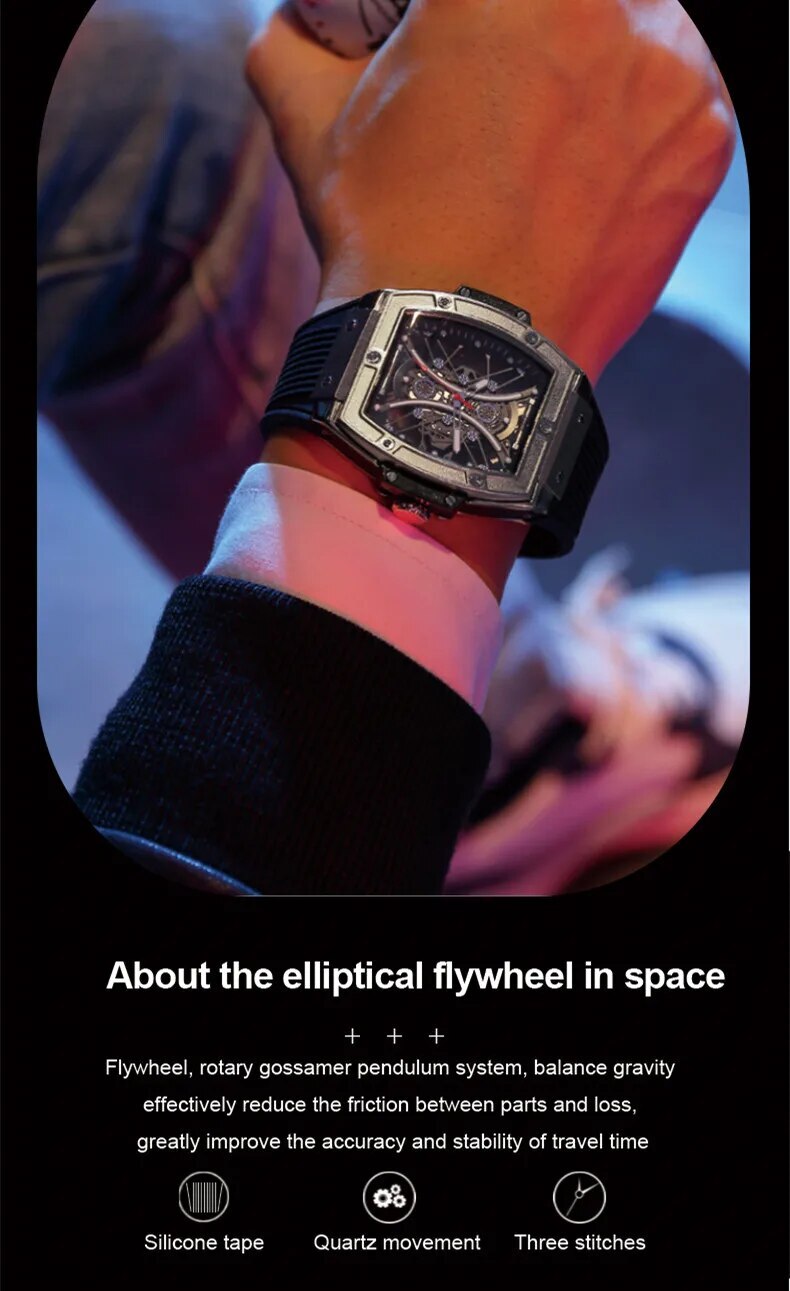 RUIMAS Quartz Sport Watches for Man Hollow Out Fashion Men Wristwatch 3ATM Waterproof Silicone Strap Clock Relogio Masculino 334-7