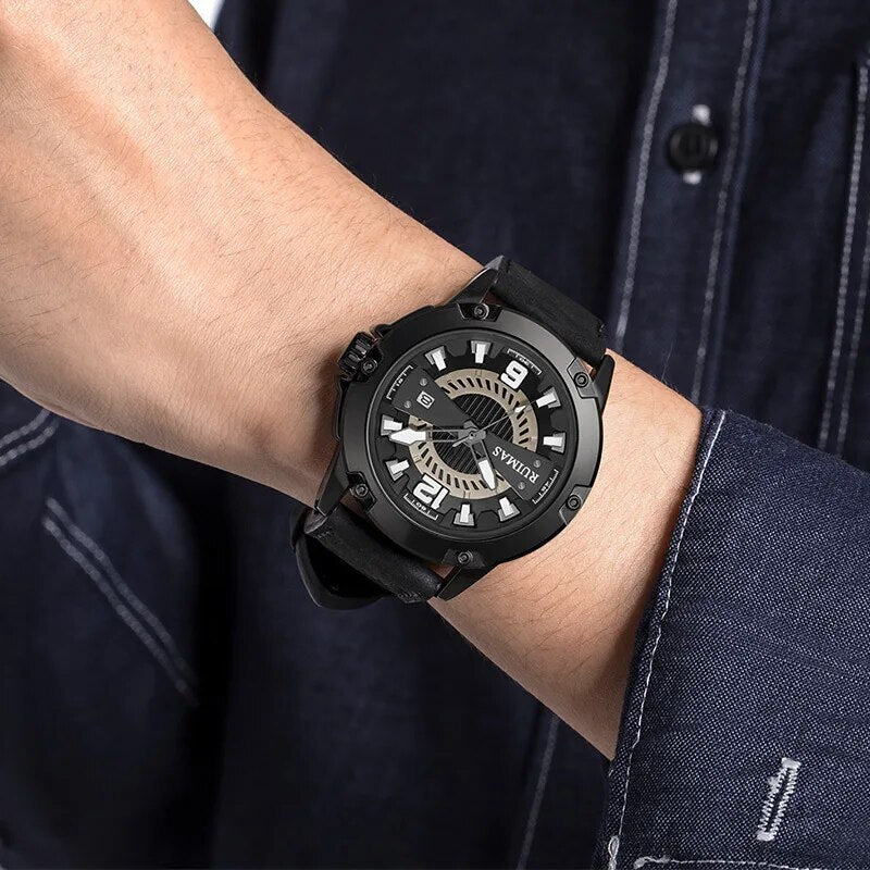 RUIMAS Luxury Men Watches Leather Strap Sport Casual Wristwatches Waterproof Luminous Date Clock Big Dial Montre Homme 302-1