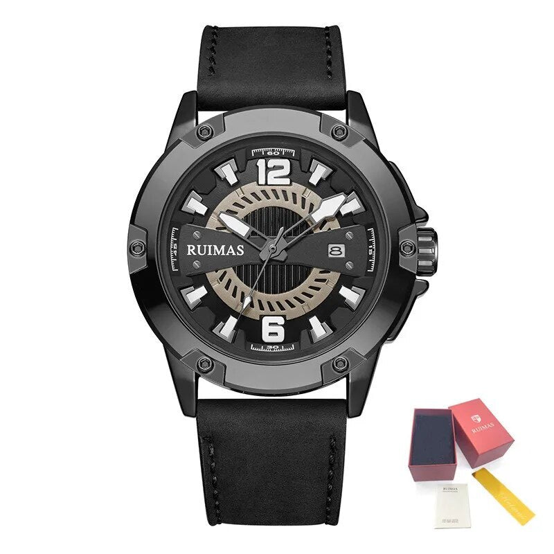 RUIMAS Luxury Men Watches Leather Strap Sport Casual Wristwatches Waterproof Luminous Date Clock Big Dial Montre Homme 302-12