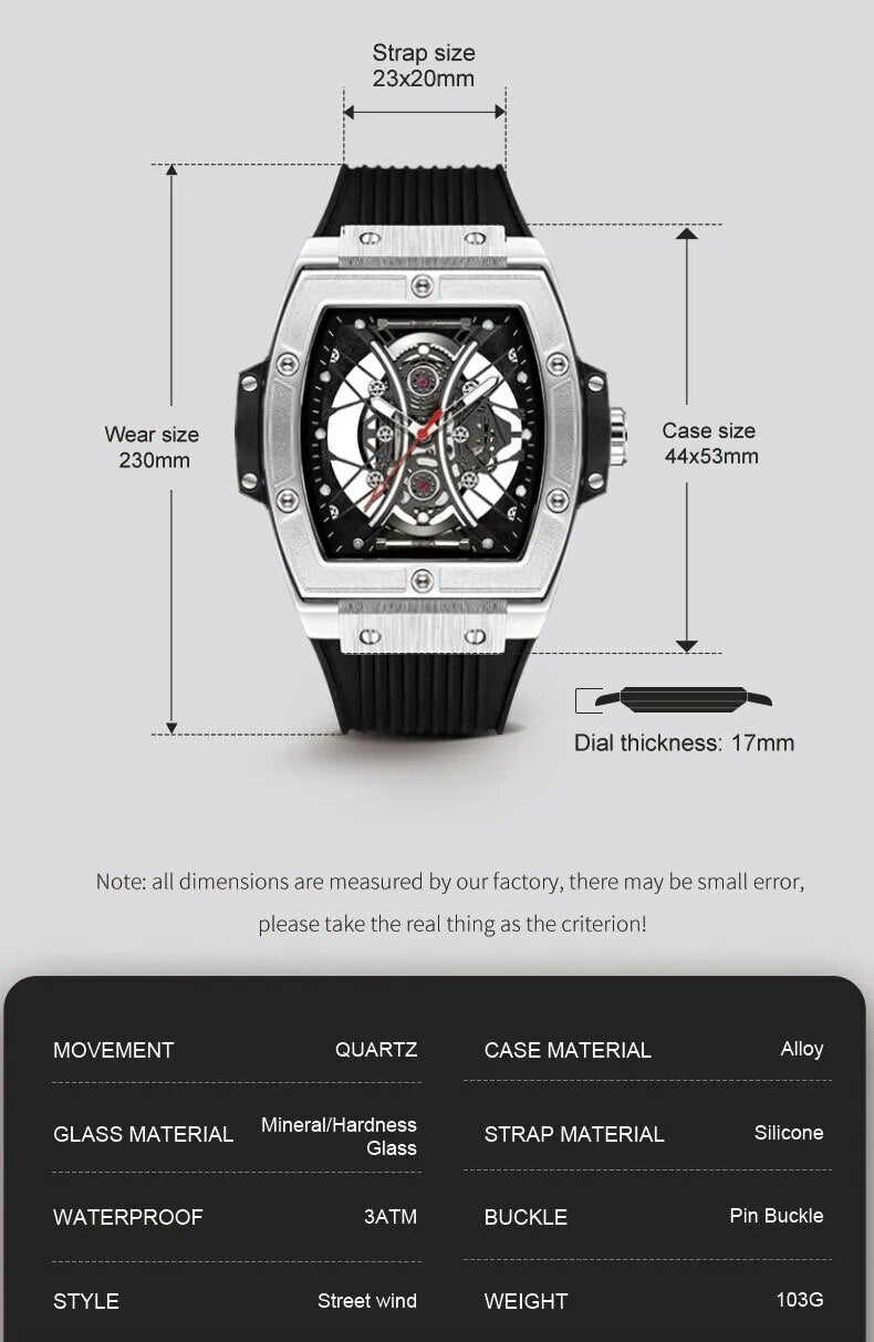 RUIMAS Quartz Sport Watches for Man Hollow Out Fashion Men Wristwatch 3ATM Waterproof Silicone Strap Clock Relogio Masculino 334-8