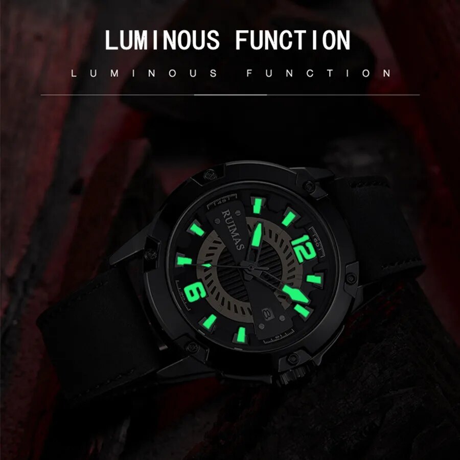 RUIMAS Luxury Men Watches Leather Strap Sport Casual Wristwatches Waterproof Luminous Date Clock Big Dial Montre Homme 302-2