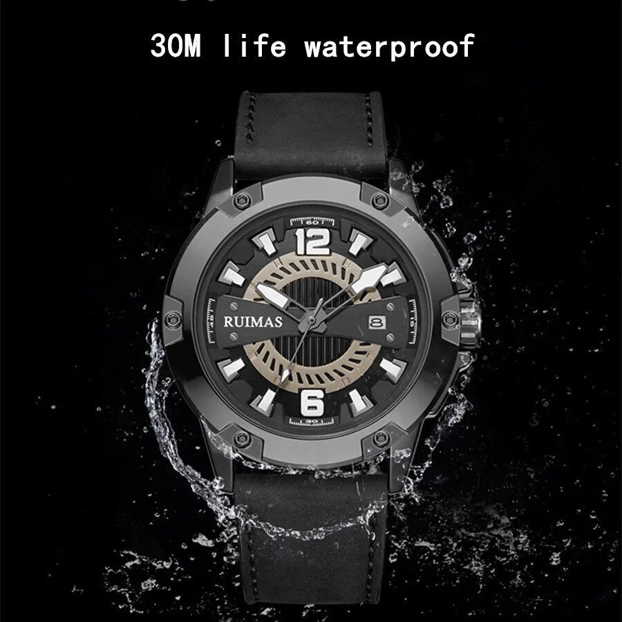RUIMAS Luxury Men Watches Leather Strap Sport Casual Wristwatches Waterproof Luminous Date Clock Big Dial Montre Homme 302-3