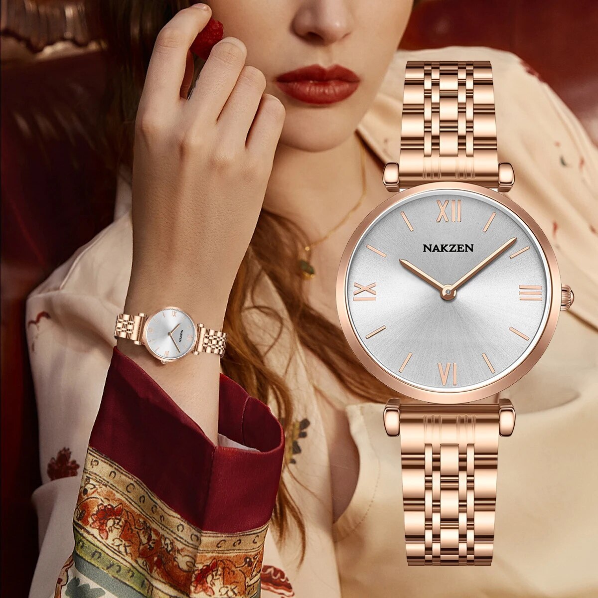 NAKZEN Luxury Crystal Watch Women Waterproof Rose Gold Steel Strap Ladies Wrist Watches Top Brand Bracelet Clock Relogio Feminino 4153-0