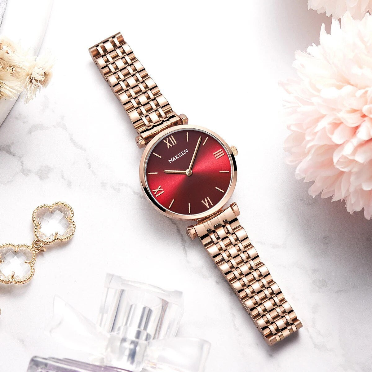 NAKZEN Luxury Crystal Watch Women Waterproof Rose Gold Steel Strap Ladies Wrist Watches Top Brand Bracelet Clock Relogio Feminino 4153-2