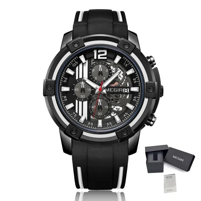 MEGIR Chronograph Mens Sport Watches with Silicone Band Big Dial Military Quartz Watch Men Clock Relogio Masculino Reloj Hombre 2097-15