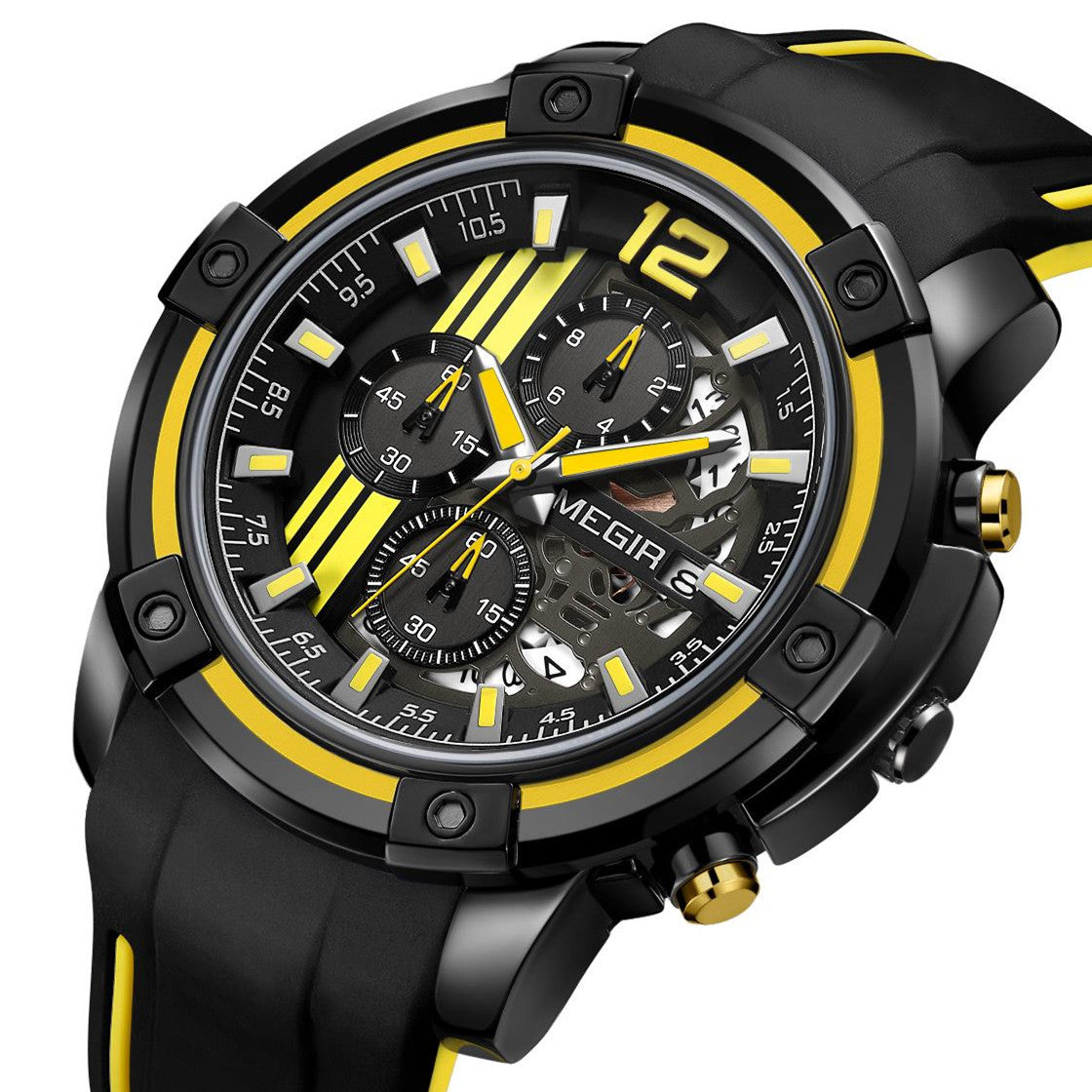 MEGIR Chronograph Mens Sport Watches with Silicone Band Big Dial Military Quartz Watch Men Clock Relogio Masculino Reloj Hombre 2097-11