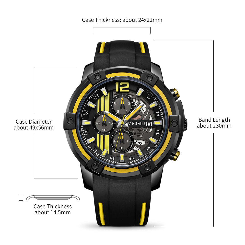 MEGIR Chronograph Mens Sport Watches with Silicone Band Big Dial Military Quartz Watch Men Clock Relogio Masculino Reloj Hombre 2097-8