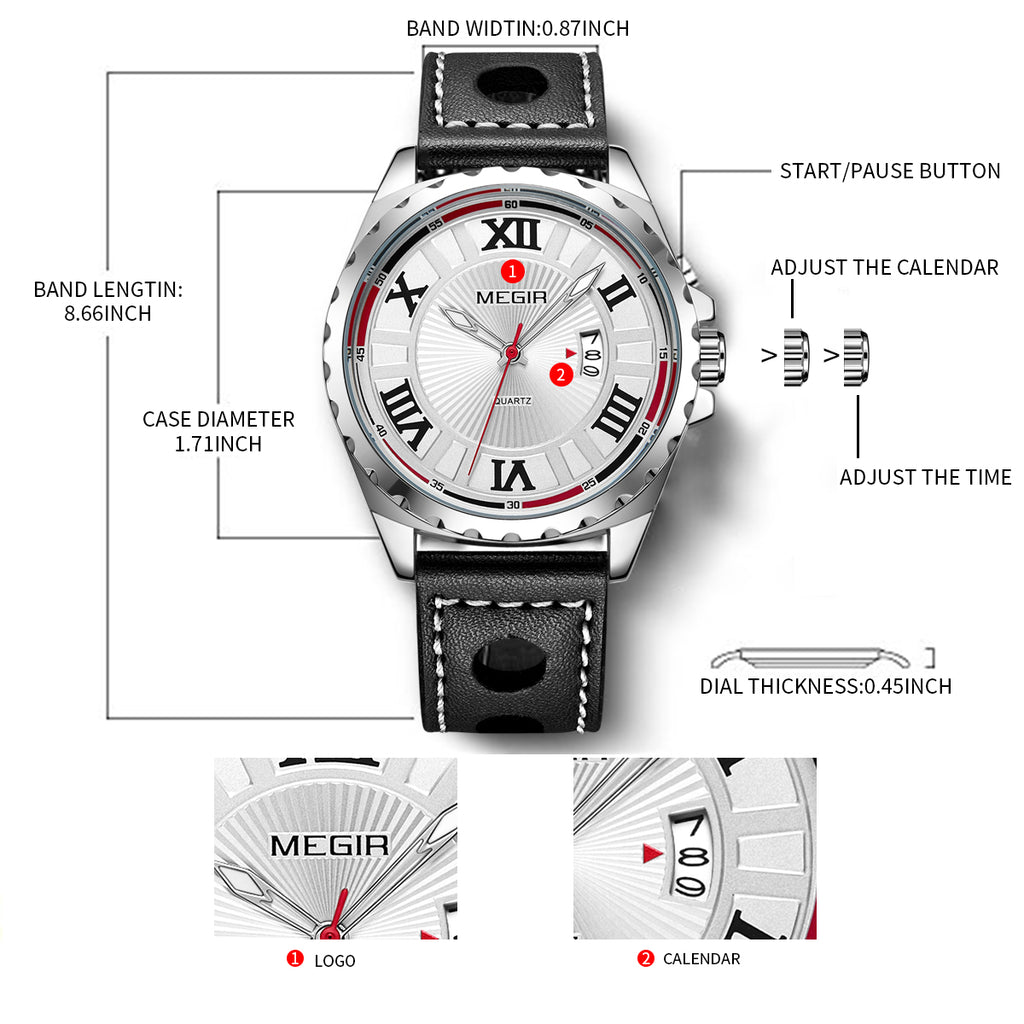 MEGIR Sport Men Watch Top Brand Leather Quartz Watches Man Clock Time Fashion Military Wristwatches Calendar Reloj Hombre 1019-4