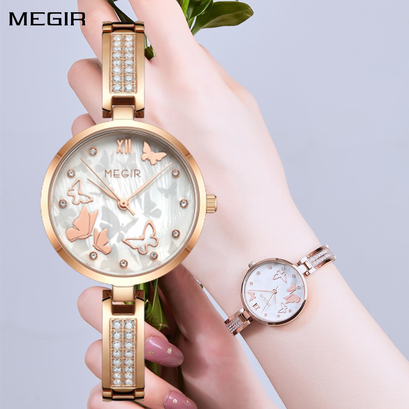 MEGIR Watch for Women Luxury Diamond Ladies Quartz Wristwatches Steel Women Bracelet Watches Female Dress Clock Relogio Feminino 7018-0