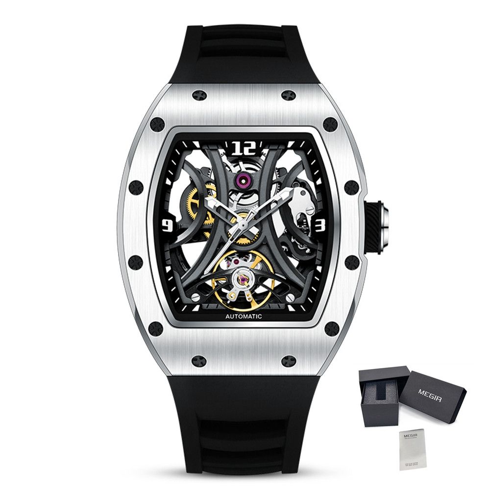 MEGIR Skeleton Big Dial Men Mechanical Watch Fashion Luminous Automatic Movement Wristwatch Stainless Steel Case Clock 9190-11-17