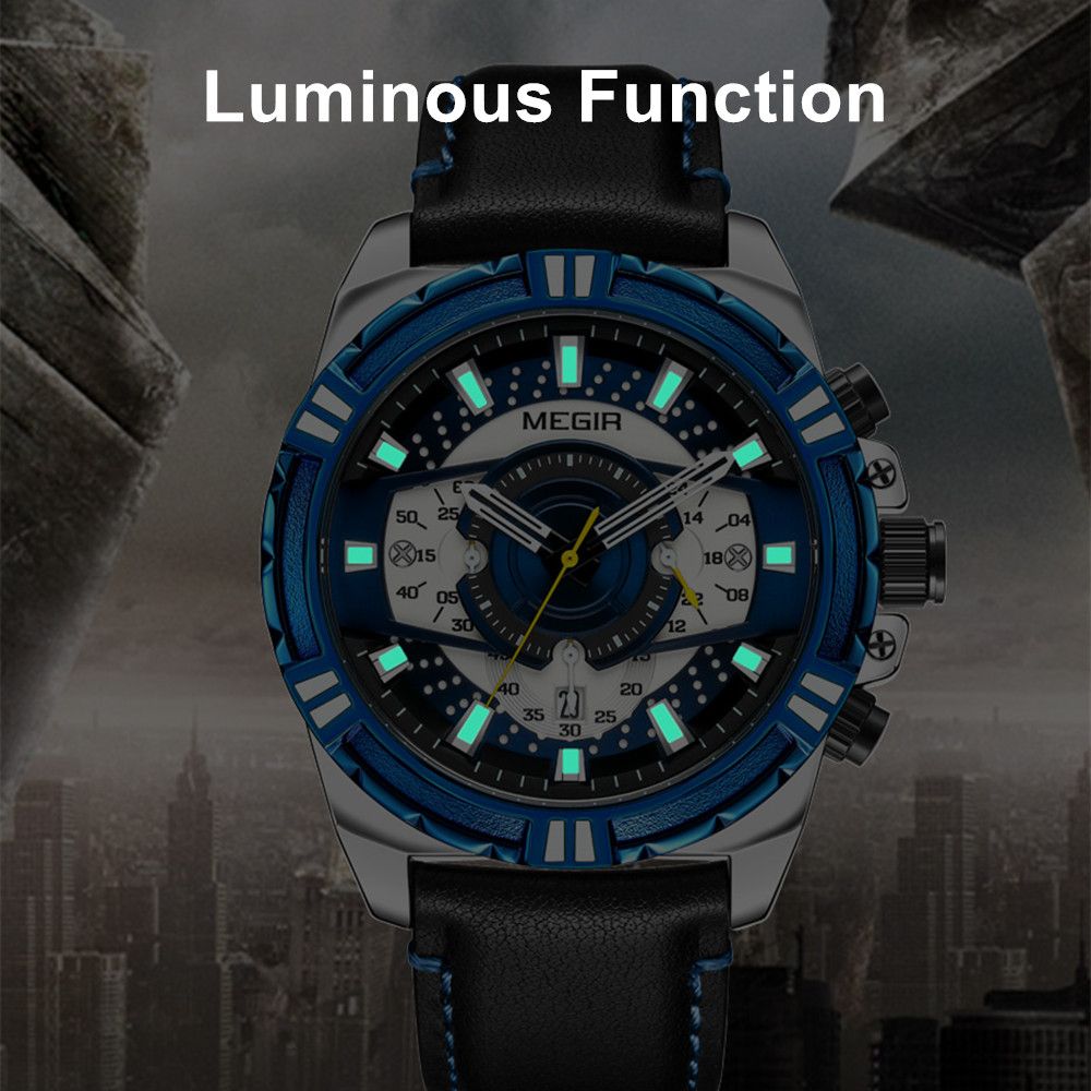 MEGIR Luxury Men Casual Sport Watch Leather Strap Quartz Wristwatch Waterproof Calendar Man Chronograph Clock Montre Homme 2118-7