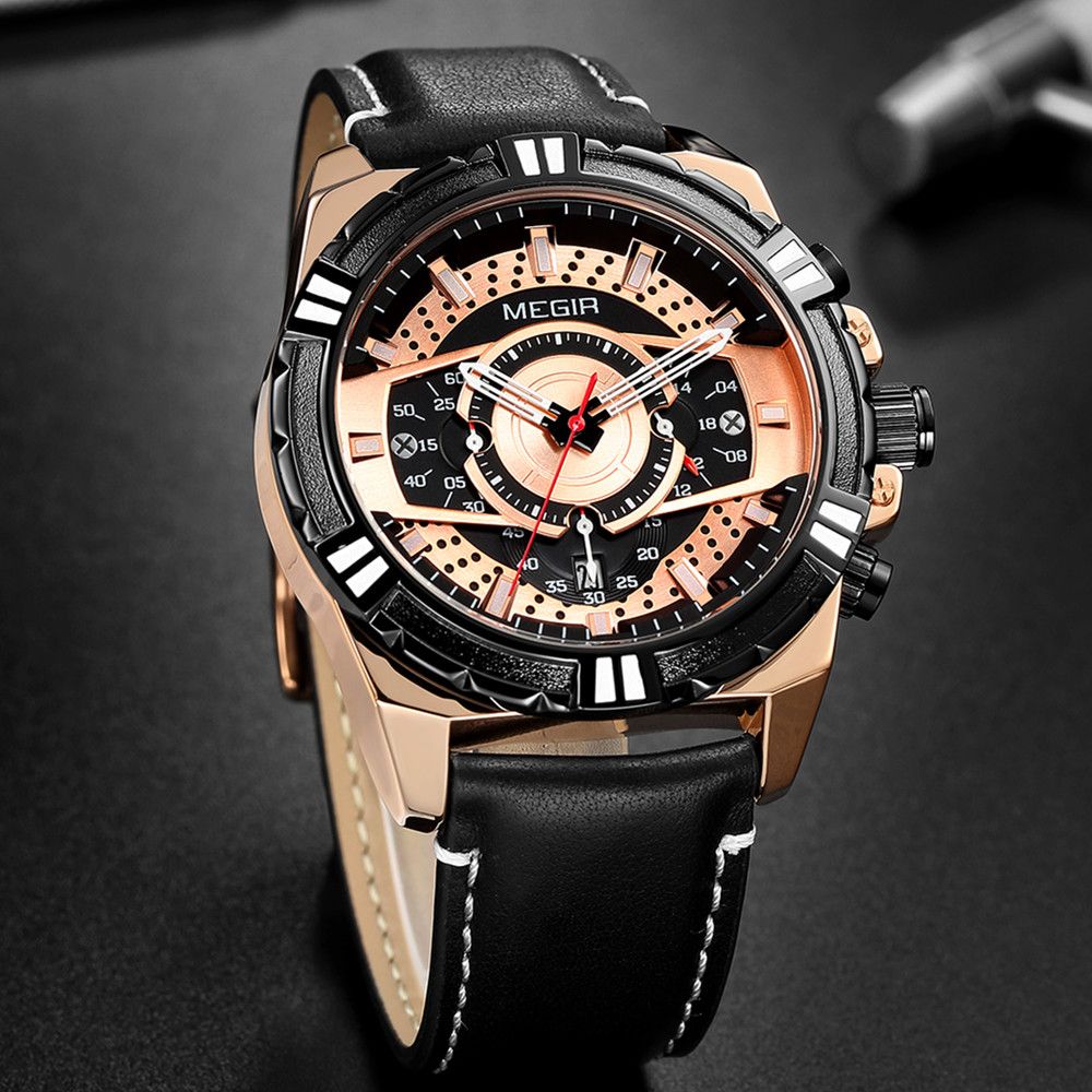 MEGIR Luxury Men Casual Sport Watch Leather Strap Quartz Wristwatch Waterproof Calendar Man Chronograph Clock Montre Homme 2118-4