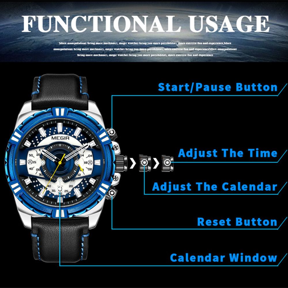 MEGIR Luxury Men Casual Sport Watch Leather Strap Quartz Wristwatch Waterproof Calendar Man Chronograph Clock Montre Homme 2118-10
