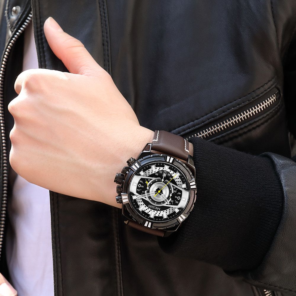 MEGIR Luxury Men Casual Sport Watch Leather Strap Quartz Wristwatch Waterproof Calendar Man Chronograph Clock Montre Homme 2118-2