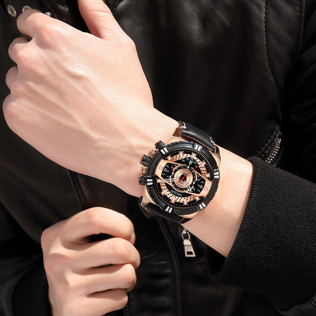 MEGIR Luxury Men Casual Sport Watch Leather Strap Quartz Wristwatch Waterproof Calendar Man Chronograph Clock Montre Homme 2118-1