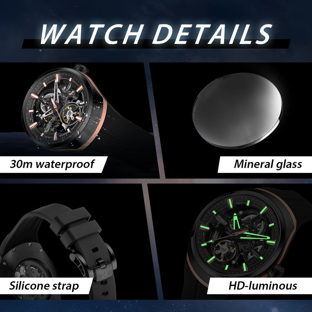 MINBER Skeleton Dial Mechanical Watches for Men Luxury Automatic Movement Sports Wristwatches Waterproof Reloj Hombre 6004G-3-5