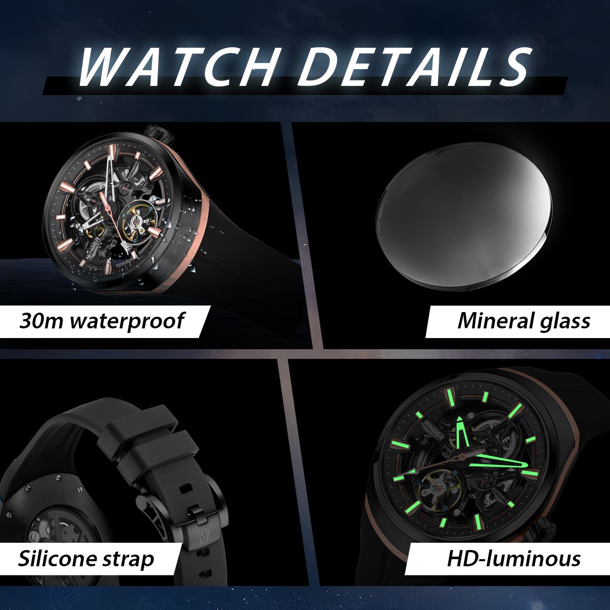 MINBER Skeleton Dial Mechanical Watches for Men Luxury Automatic Movement Sports Wristwatches Waterproof Reloj Hombre 6004G-3-5