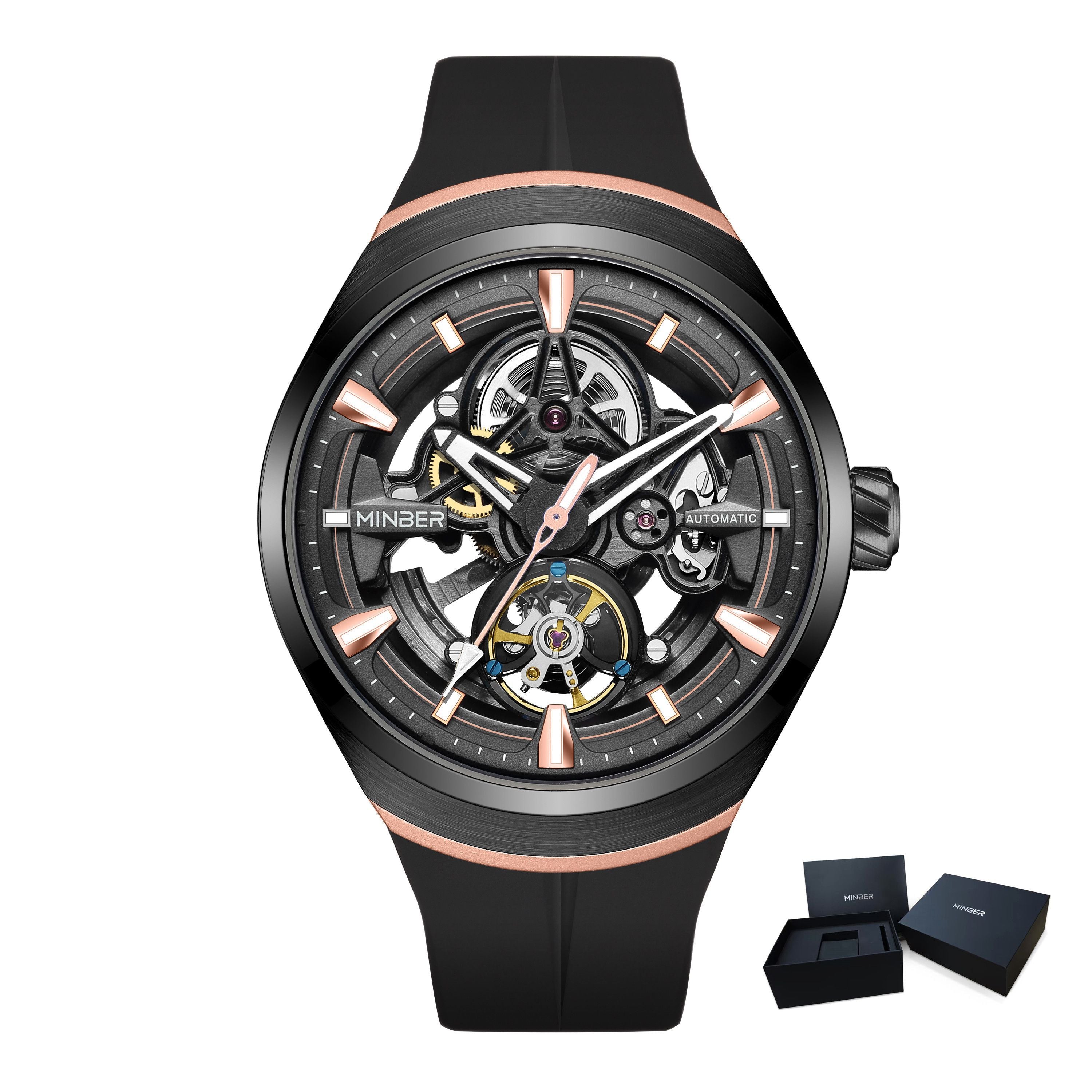MINBER Skeleton Dial Mechanical Watches for Men Luxury Automatic Movement Sports Wristwatches Waterproof Reloj Hombre 6004G-3-16